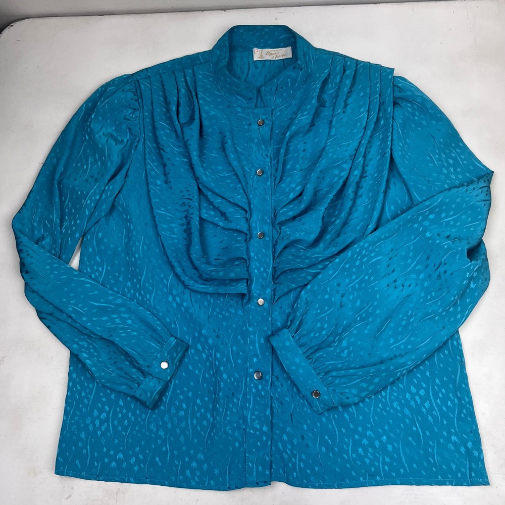 Vintage Teal Jacquard Draped Pleated Blouse French Medium Elegance d'Europe READ